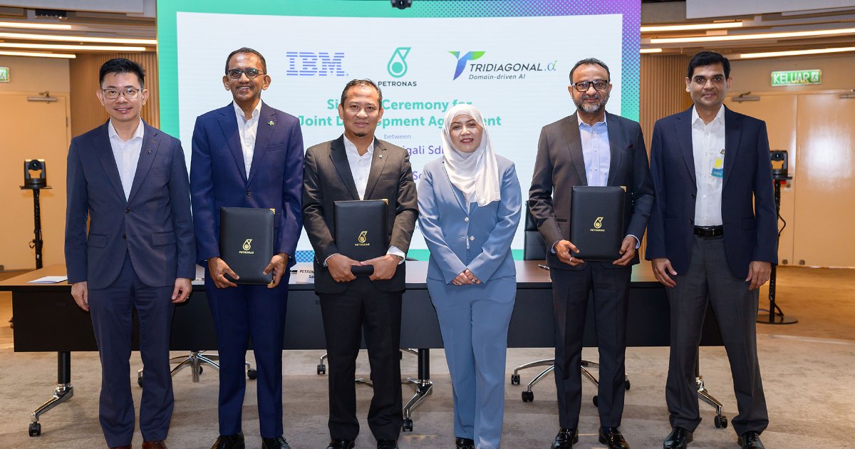 Left to right: Dickson Woo (General Manager & Technology Leader, IBM Malaysia), Deva K Theyventheran (IBM Consulting Malaysia Managing Partner), Hazli Sham Kassim (PETRONAS Carigali Chief Executive Officer), Ina Czarina Arief Tham (Head Tricipta AI), Pravin Jain (T.AI Chief Executive Officer), Praveen Kapse (T.AI Co-Founder and Chief Operating Officer). (Image credit: PETRONAS)