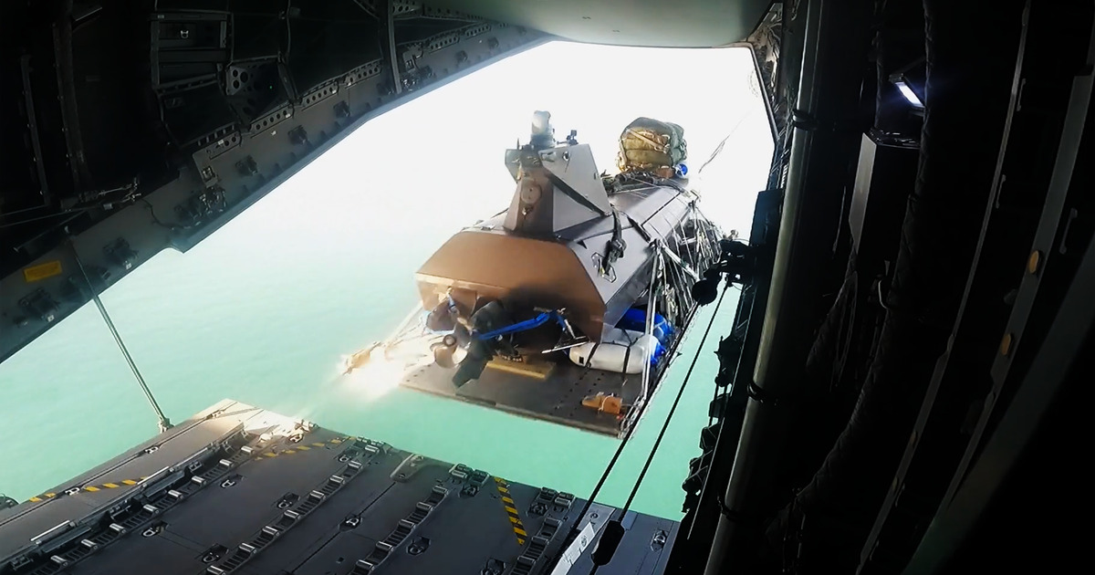 K3 SCOUT on UMCADS, was deployed via extracted load airdrop from an A400M at 1,300 feet, demonstrating a new rapid-insertion capability for force-projection of USVs. (Image credit: Kraken Technology Group)