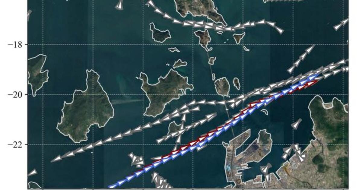 The AI-generated route (blue) closely follows the course taken by an experienced captain (red) while safely navigating through surrounding ship traffic (gray).
