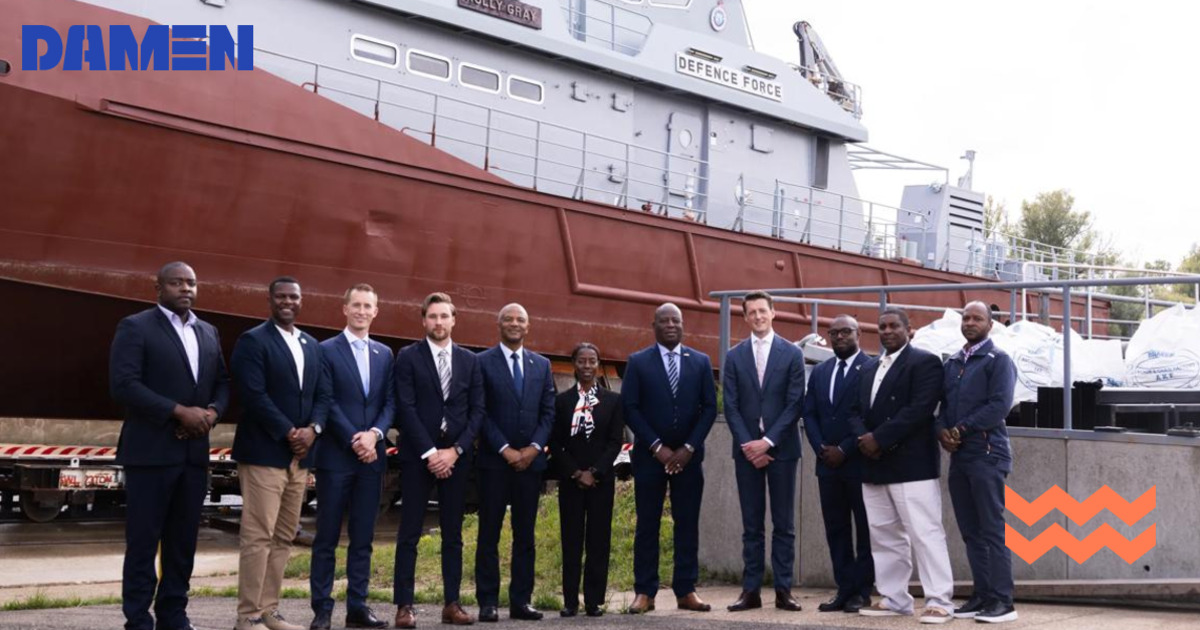 Front row: Bastin Kubbe (Regional Service Manager Caribbean, Damen), Bridget E. Hepburn (Permanent Secretary, Ministry of National Security). Back row: Commodore Floyd Moxey (Chief of Defence Force, Royal Bahamas Defence Force), Commander Rigby (Base Engineering Officer, RBDF), Silas Cooper (Honorary Consul of The Bahamas in the Netherlands), Marcello Ilmer (Area Service Manager Americas, Damen), the Hon. Myles K. Laroda (Minister of National Security), Pieter Becker (Sales Director Americas, Damen), Davoud Hatami (Legal Counsel, Damen), Hans Bensik (Project Manager, Damen), Sharven Rolle and Leading Mechanic Shimon Bain (RBDF). (Image credit: Damen)