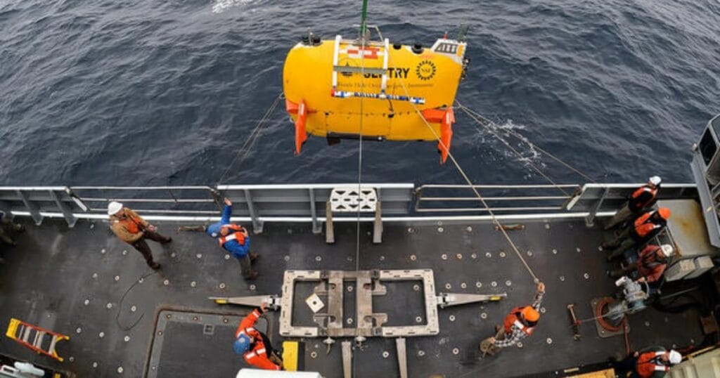 The autonomous underwater vehicle Sentry being deployed from the RV Thomas G. Thompson during the 2022 Escanaba Trough Expedition.