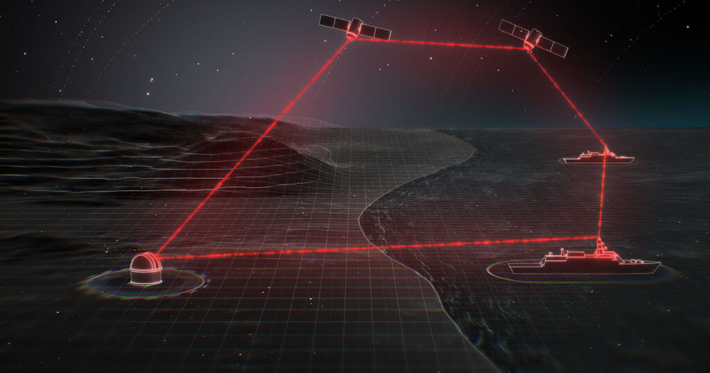 Scheme of a laser communication network linking satellites, maritime vessels, and a ground station.