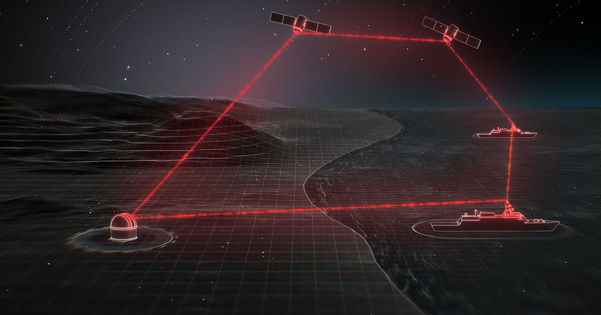 Scheme of a laser communication network linking satellites, maritime vessels, and a ground station.