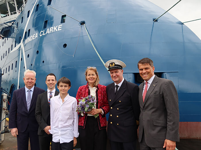 Naming of Windea Clarke: Lars Lühr Olsen, Managing Director, Ulstein Verft; Martinus Warholm, Project Manager at Ulstein Verft; J. Kyrle, Godmother's son; Godmother Helen Kyrle; Capt. Rainer Müller, Captain Windea Clarke; Matthias Müller, Managing Director, Bernhard Schulte Offshore. 