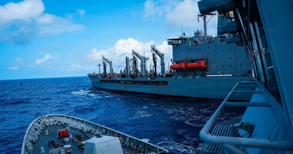 Philippine Navy Miguel Malvar-class guided-missile frigate BRP Miguel Malvar (FFG06) conducts a replenishment-at-sea with USNS Guadalupe in the Pacific Ocean during Exercise Rim of the Pacific 2026, July 11, 2026.