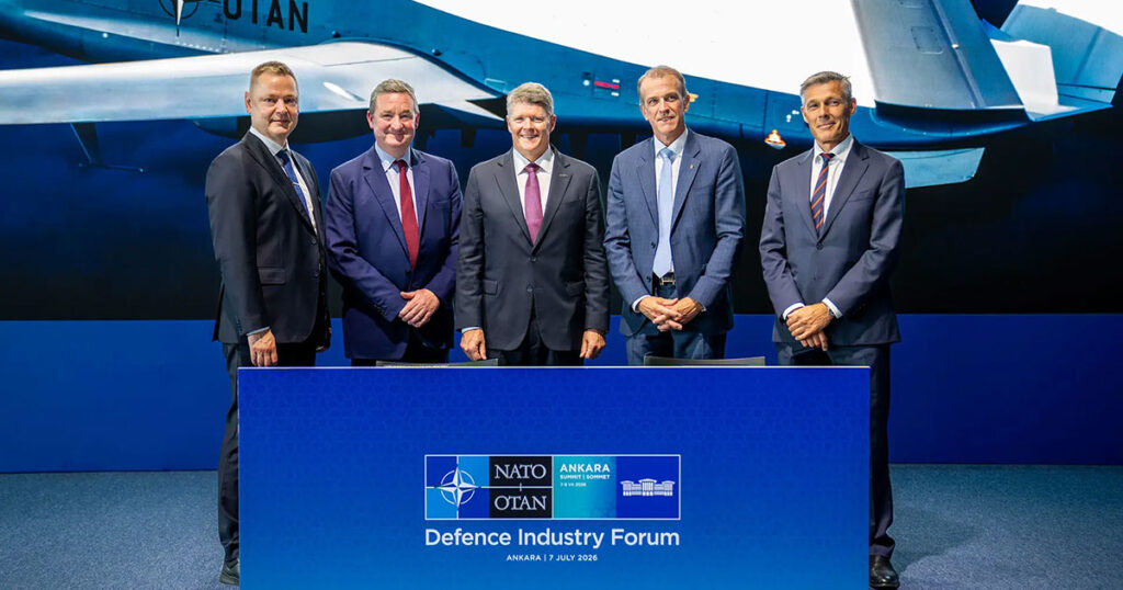 Ben Bridge, EVP Global Business at Airbus; Frank Morley, President at Northrop Grumman International; Petri Reiman, CEO at Insta; Eirik Lie, CEO at Kongsberg; and Steen Hommel, EVP Government & Partnerships at Terma.