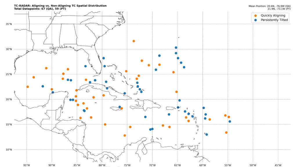 Geographic distribution of Quickly Aligning (orange) and Persistently Tilted (blue) TDR analysis locations.