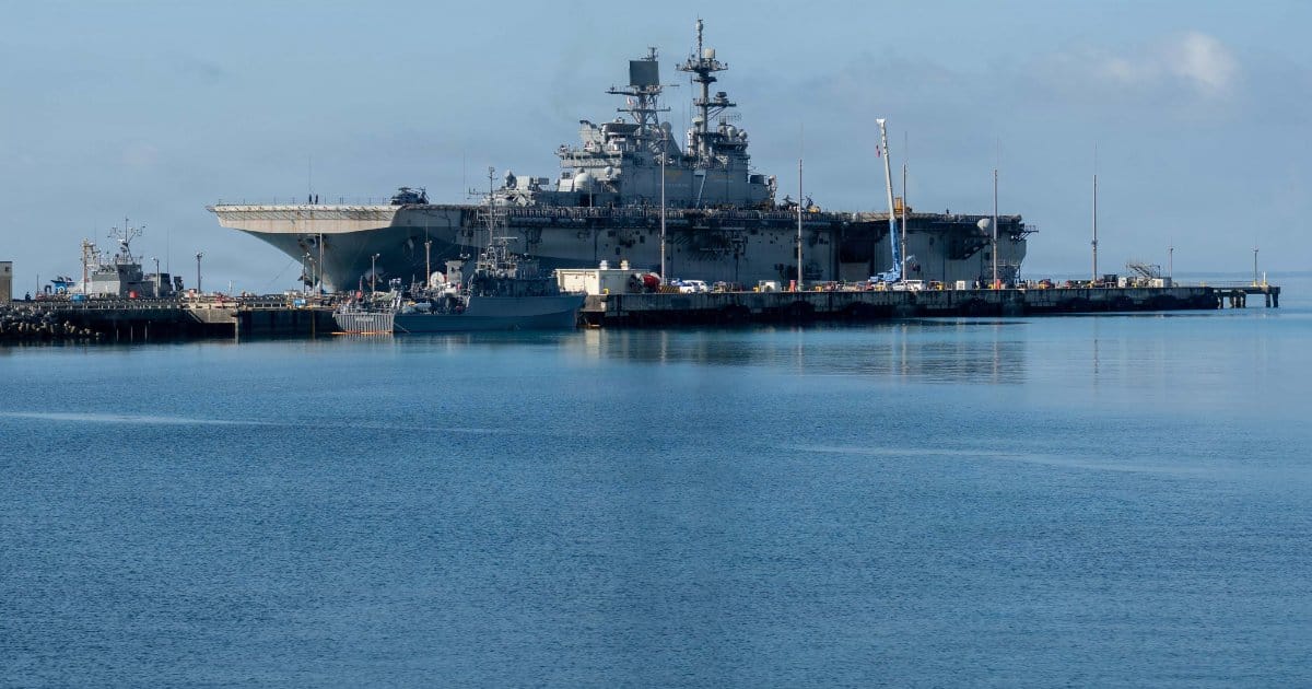 America-class amphibious assault ship USS Tripoli (LHA 7) and embarked 31st Marine Expeditionary Unit arrive at White Beach Naval Facility, Okinawa, Japan, after concluding a dynamic six-month deployment to the US 5th and 7th Fleet areas of operation, July 22, 2026.
