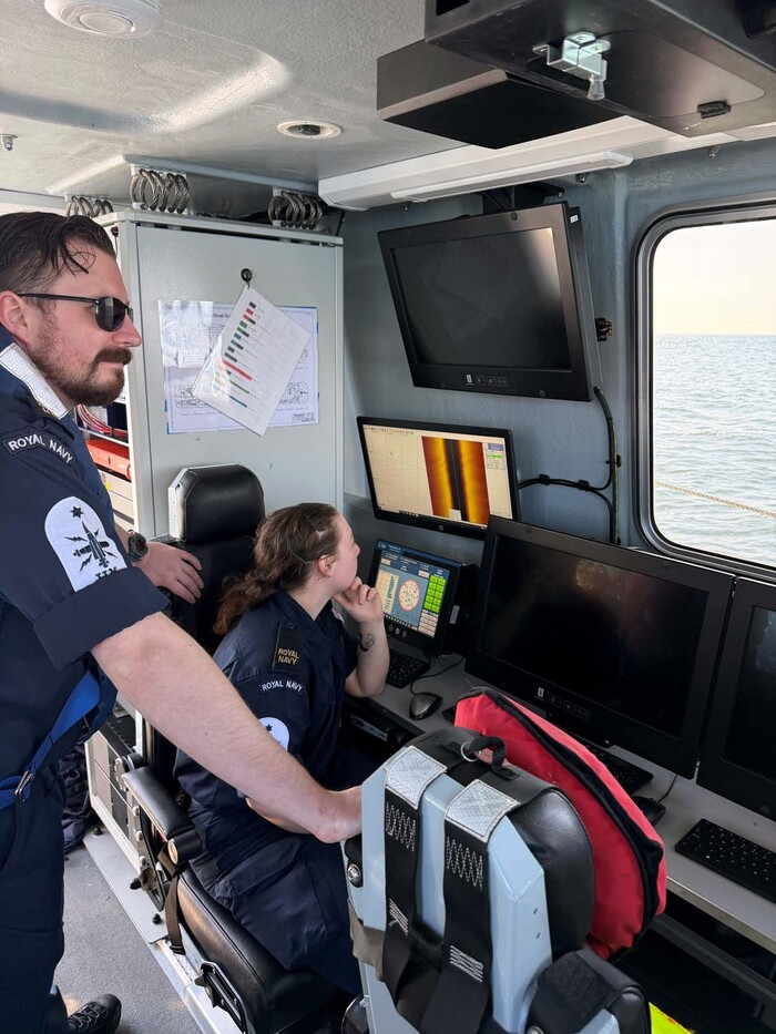 ABH Smith and Solive operating the towed sidescan. (Credit: Royal Navy)