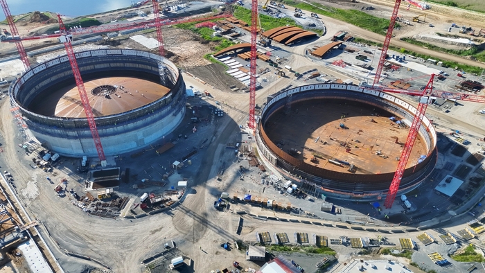 Tanks 1 and 2 under construction at Louisiana LNG (July 2026). (Image credit: Woodside)