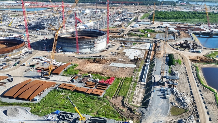 Tank 1 under construction at Louisiana LNG (July 2026). (Image credit: Woodside)