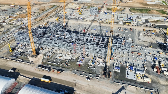 Train 1 under construction at Louisiana LNG. Early construction of Train 2 can also be seen (July 2026). (Image credit: Woodside)