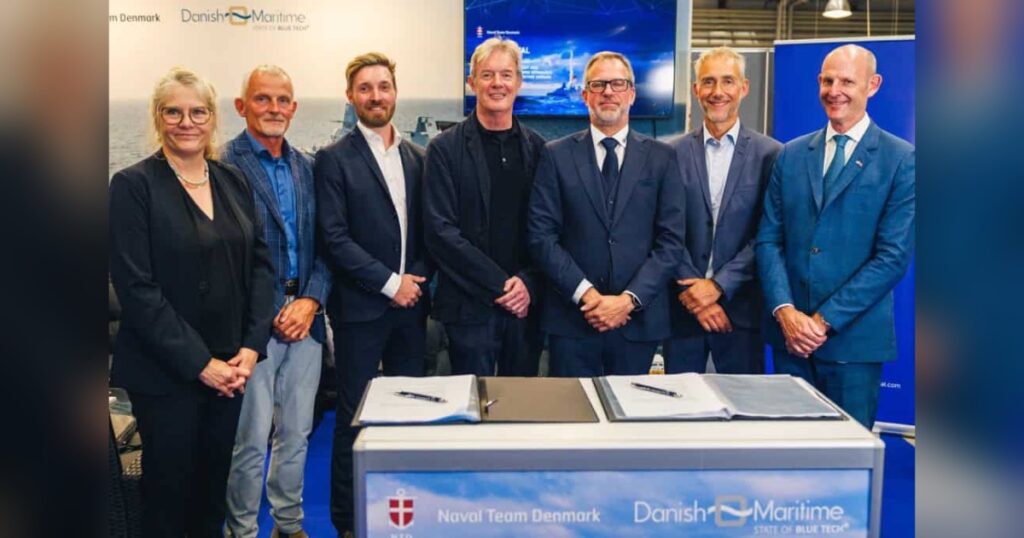 Pictured (left to right): Representatives from Danish Maritime, Naval Team Denmark, Stormborn, Babcock, SH Group, Cubedin, and The UK National Armaments Director. (Credit: Babcock)