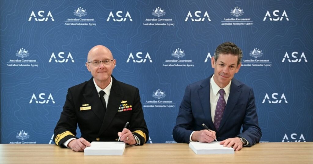 Australian Submarine Agency Head of Virginia, Rear Admiral David Mann, AM, RAN together with Lockheed Martin Australia and New Zealand Chief Executive, Jeremy King, signed a multi-year contract to create CSI capability for Australia’s future Virginia class submarines. (Credit: Lockheed Martin)