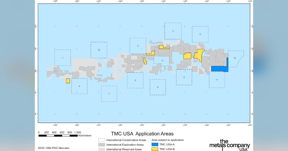 TMC USA has submitted a consolidated application for an exploration license and commercial recovery permit over the USA-A area to NOAA. In addition, it has also submitted an application for an exploration license over the USA-B area. (Image credit: TMC)