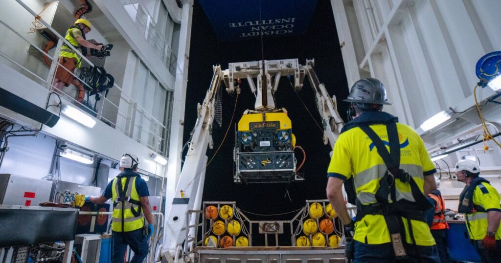 SuBastian after a successful dive. The deep-sea robot is tethered to the ship via an umbilical wire and brought onboard with an A-Frame launch and recovery system. (Image credit: Mónika Naranjo González, Schmidt Ocean Institute)