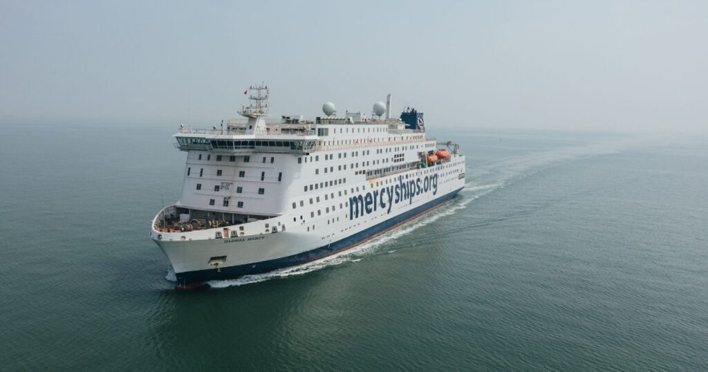 The Global Mercy, the world's largest purpose-built civilian hospital ship. Tymor Marine recently completed a lightweight survey and inclining test aboard the vessel in Las Palmas, Gran Canaria, ahead of its next field service in Ghana. (Image credit: Tymore Marine)