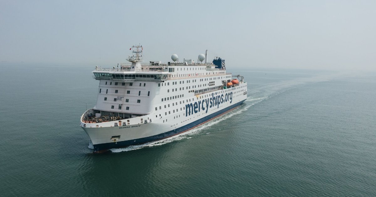The Global Mercy, the world's largest purpose-built civilian hospital ship. Tymor Marine recently completed a lightweight survey and inclining test aboard the vessel in Las Palmas, Gran Canaria, ahead of its next field service in Ghana. (Image credit: Tymore Marine)