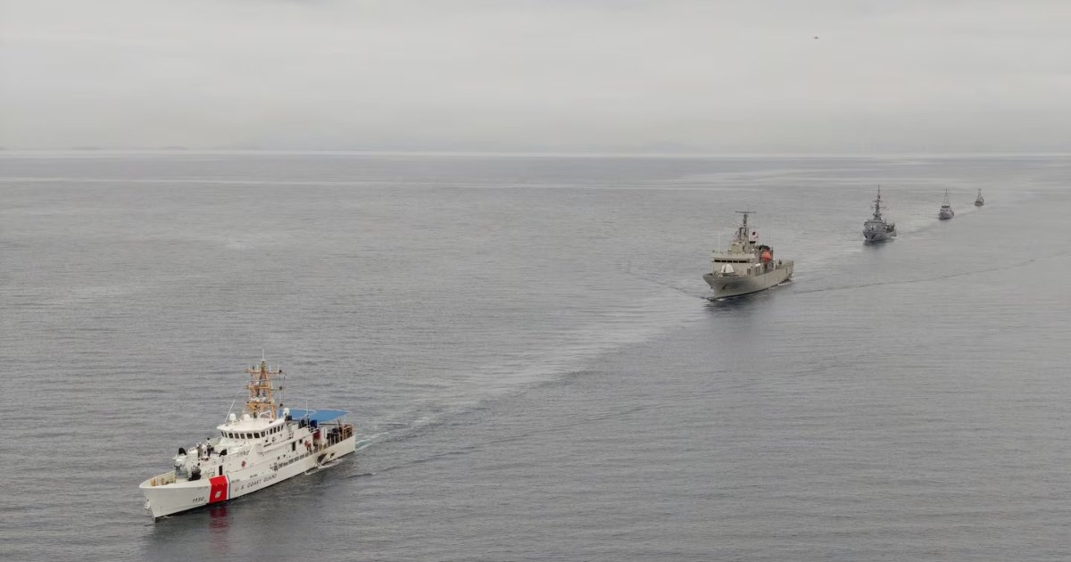 U.S. Coast Guard fast response cutter USCGC Robert Ward (WPC 1130), Mexican navy ARM Jalisco, Ecuadorian navy BAE Loja, Colombian navy coastal patrol vessel ARC Isla Gorgona, and the Panamanian National Aeronaval Service Panquiaco (P-301) perform a formation sailing exercise in the Pacific Ocean near Panama, during PANAMAX 2026, August 6, 2026. (Credit: US. Coast Guard/Petty Officer 3rd Class William Kirk)