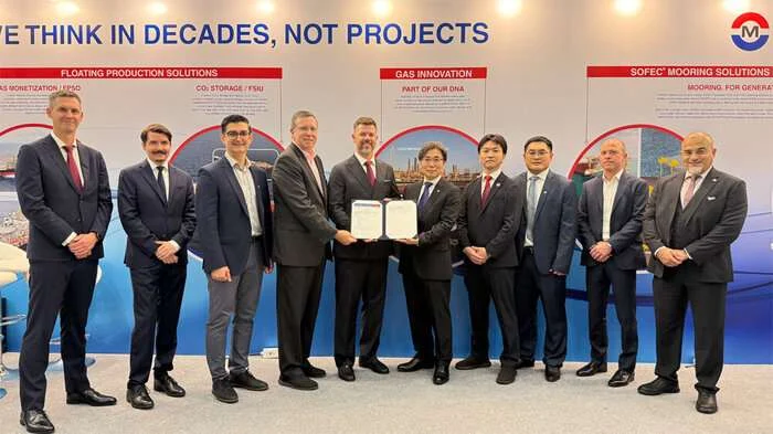 From left to right: Tjalve Svendsen, CTO of Eld Energy; Ivar Singstad, CCO of Eld Energy; Amir Izadparast, Manager, New Technology Development, MODEC; Matthew Tremblay, Senior Vice President, Global Markets, ABS; Hans Fredrik Lindøen-Kjellnes, CEO of Eld Energy; Hirohiko Miyata, President & CEO of MODEC; Junya Suzuki, SOFC R&D Project Manager, MODEC; Phuong Hong, Sustainability Process Lead, MODEC; Matthew Mueller, Vice President, Regional Business Development, ABS; Rostom Merzouki, Vice President, Global Sustainability, ABS. (Image credit: MODEC)