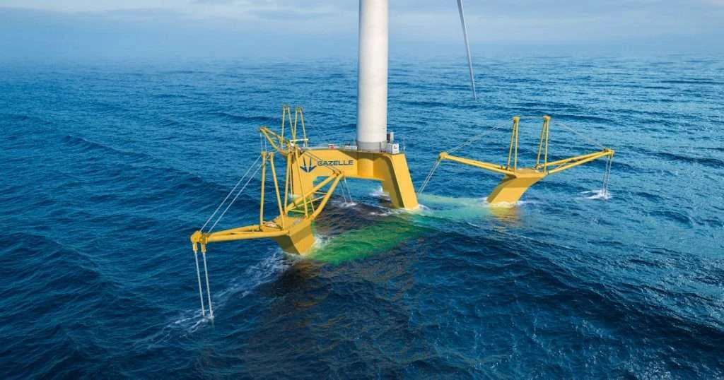 Gazelle Wind Power floating offshore wind platform at sea, yellow articulated frame structure with wind turbine, mild sea conditions. (Image credit: Gazelle Wind Power)