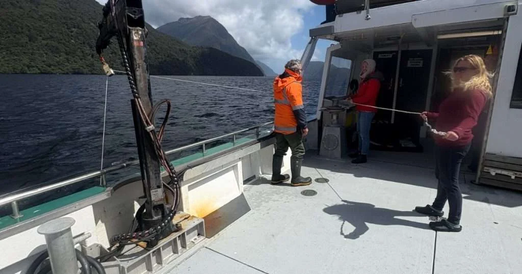 John Carter (Department of Conservation) prepares to profile one Patea/Doubtful Sound’s deep basin as part of a research collaboration to understand deep-water renewal in New Zealand’s southwestern fjords. (Image credit: Lucy Coyle)