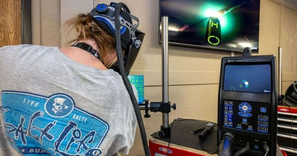 Welding apprentice Olivia Saranthus trains inside the Ingalls Shipbuilding Virtual Reality (VR) Welding Lab, where immersive simulations are helping shipbuilders strengthen technique and confidence. The VR program has already surpassed 1,000 trainees since opening in January 2025, with participants reporting immediate improvements in welding skills and readiness for certification. (Image credit: HII)