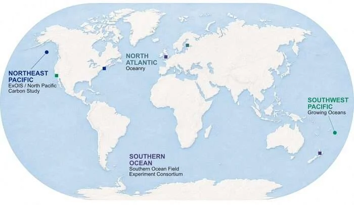 Approximate study regions (circles) and headquarters of coalition organizations (squares). ExOIS is based in Massachusetts, US; Growing Oceans in California, US; Oceanry in Finland; and Southern Ocean Field Research Consortium in New Zealand and the United Kingdom. (Image credit: WHOI)
