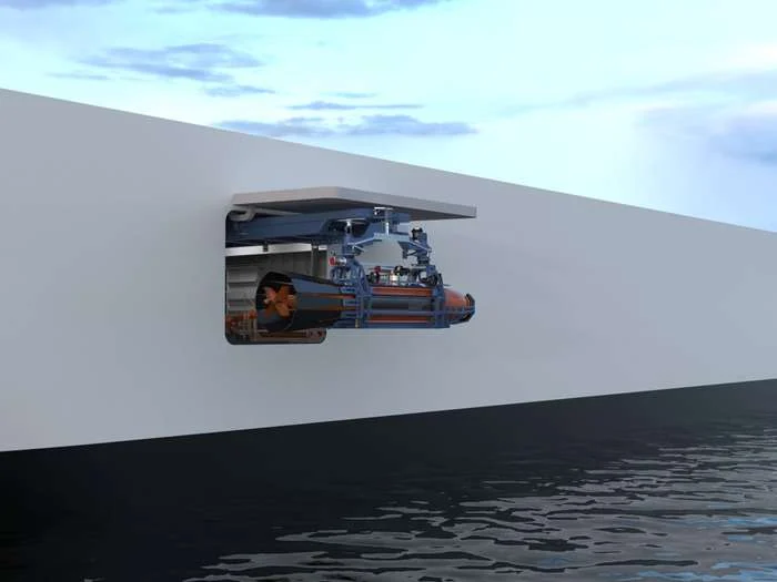 HUGIN Superior autonomous underwater vehicle being launched through a hull-integrated AUV hangar using a subsea docking and launch and recovery system. (Image credit: Kongsberg Maritime)
