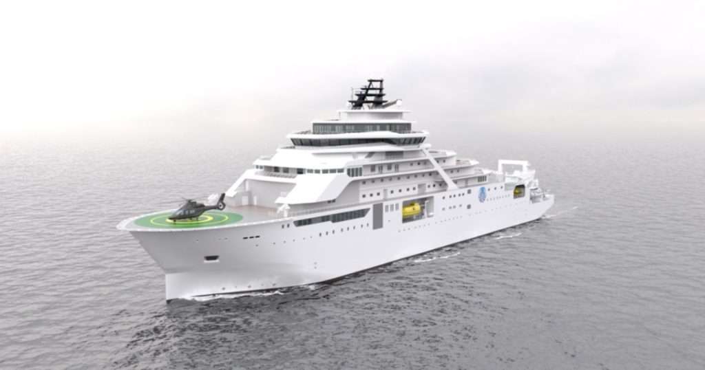 Rendering of Inkfish's new research vessel equipped with an AUV hangar and subsea docking capabilities for autonomous underwater vehicle operations. (Image credit: Kongsberg Maritime)