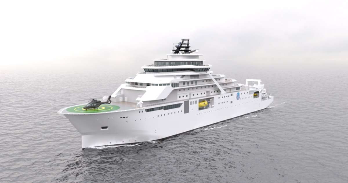 Rendering of Inkfish's new research vessel equipped with an AUV hangar and subsea docking capabilities for autonomous underwater vehicle operations. (Image credit: Kongsberg Maritime)