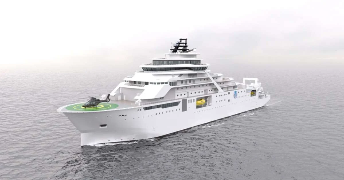 Rendering of Inkfish's new research vessel equipped with an AUV hangar and subsea docking capabilities for autonomous underwater vehicle operations. (Image credit: Kongsberg Maritime)