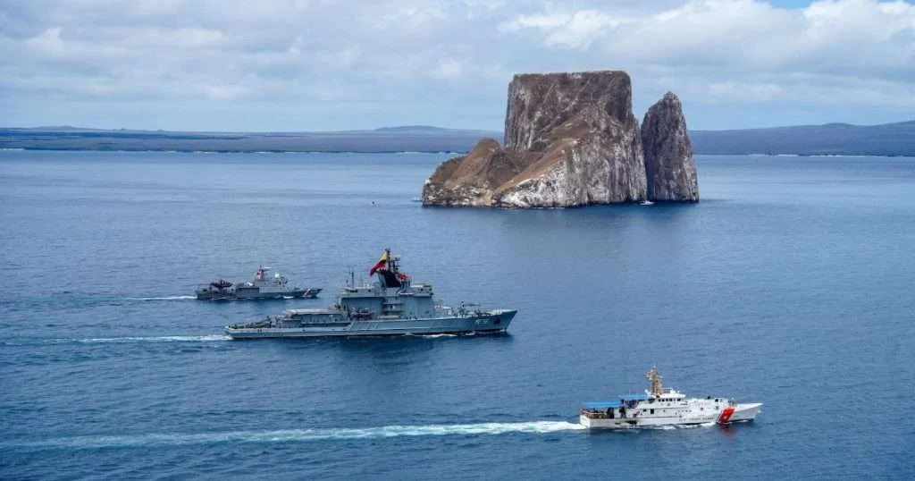Coast Guard Cutter Robert Ward (WPC 1130), Ecuadorian Navy offshore patrol vessel BAE Jambeli and Peruvian Navy patrol boat BAP Rio Pativilca transit in formation during a multinational maritime military exercise off the coast of San Cristobal Island, Ecuador, Aug. 24, 2026. The event highlighted the strategically vital relationship and commitment to maritime security between multiple nations in the Eastern Pacific region. (Image credit: USCG))