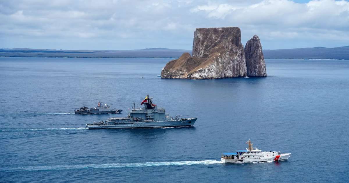 Coast Guard Cutter Robert Ward (WPC 1130), Ecuadorian Navy offshore patrol vessel BAE Jambeli and Peruvian Navy patrol boat BAP Rio Pativilca transit in formation during a multinational maritime military exercise off the coast of San Cristobal Island, Ecuador, Aug. 24, 2026. The event highlighted the strategically vital relationship and commitment to maritime security between multiple nations in the Eastern Pacific region. (Image credit: USCG))
