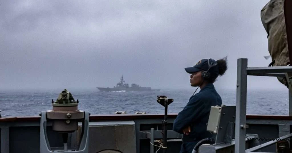 U.S. Navy Seaman Angelaada Igoche stands watch on the starboard bridge wing aboard while Arleigh Burke-class guided-missile destroyer USS Benfold (DDG 65) steams alongside Sejong the Great-class guided-missile destroyer ROKS Yulgok Yi I (DDG 992) during a maritime maneuvering exercise with Republic of Korea Navy and Japan Maritime Defense Force in the Western Pacific Ocean, Sept. 10, 2026, in support of Freedom Edge 26. (US Navy/Mass Communication Specialist 2nd Class Oscar Diaz)