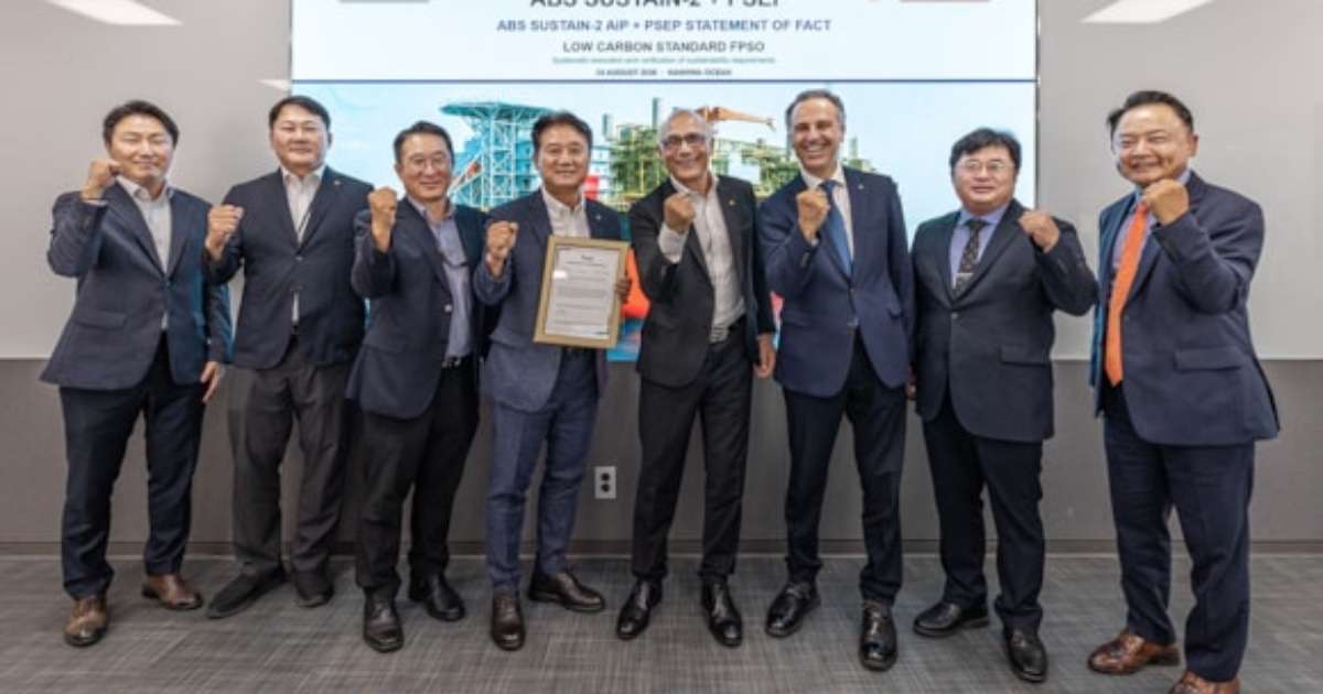 (L to R): Woongyul Bae, Hanwha Ocean General Manager; Ho-Byung Jung, Hanwha Ocean Team Leader; Sky Lee, Hanwha Ocean Head of Houston; Hyun-Jin Kim, Hanwha Ocean Vice President; Philippe Levy, Hanwha Ocean President; Hasan Turkmen, ABS Director, North Pacific Regional Operations; Kwang-Nam Jung, ABS Director, Korea Business Development; and Hyun-Buki Jeon, ABS Director, North Pacific Regional Offshore Business. (Credit: ABS)