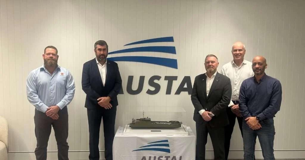 Left to right: Kongsberg Maritime’s Naval Program Manager Neil Butler and Sales Manager - Oceania, Richard Dreverman, Austal Defence Australia Executive Chairman Gavin Stewart, SSA Chief Engineer Tim Speer and Austal Defence Australia Category Specialist Kurt Stanley. (Credit: Kongsberg Maritime)