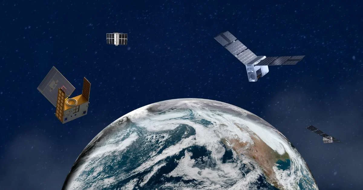 NOAA is expanding the use of commercial satellite data to boost weather and space forecasting. This is an artist's rendering of commercial satellites operated by Tomorrow.io, PlanetiQ, Spire Global Subsidiary Inc. and Muon Space that collect environmental data. (Credit: NOAA NESDIS)