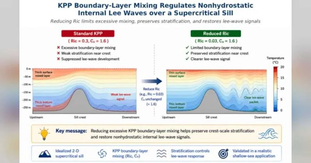 KPP Boundary-Layer Mixing Regulates Nonhydrostatic Internal Lee Waves over a Supercritical Sill. (Image credit: Xuefeng Zhang)