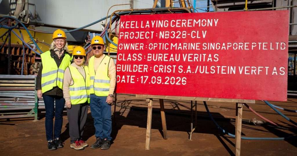 Ulstein CEO Gunvor Ulstein, OMS Group Chairman Datuk Lim Soon Foo and OMS Group Executive Director Datin Janet Ng witnessing the keel laying ceremony of CS Resilience at CRIST Shipyard in Gdynia, Poland. (Image credit: OMS Group Sdn Bhd.)