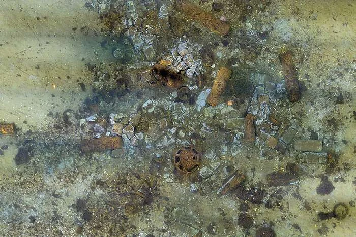 A photo mosaic showing old munitions in the Kolberger Heide submergence area, taken during the AL548 expedition as part of the ExPloTect and BASTA projects, with the assistance of the autonomous underwater vehicles (AUVs) ANTON and LUISE. (Image credit: GEOMAR AUV Team.)