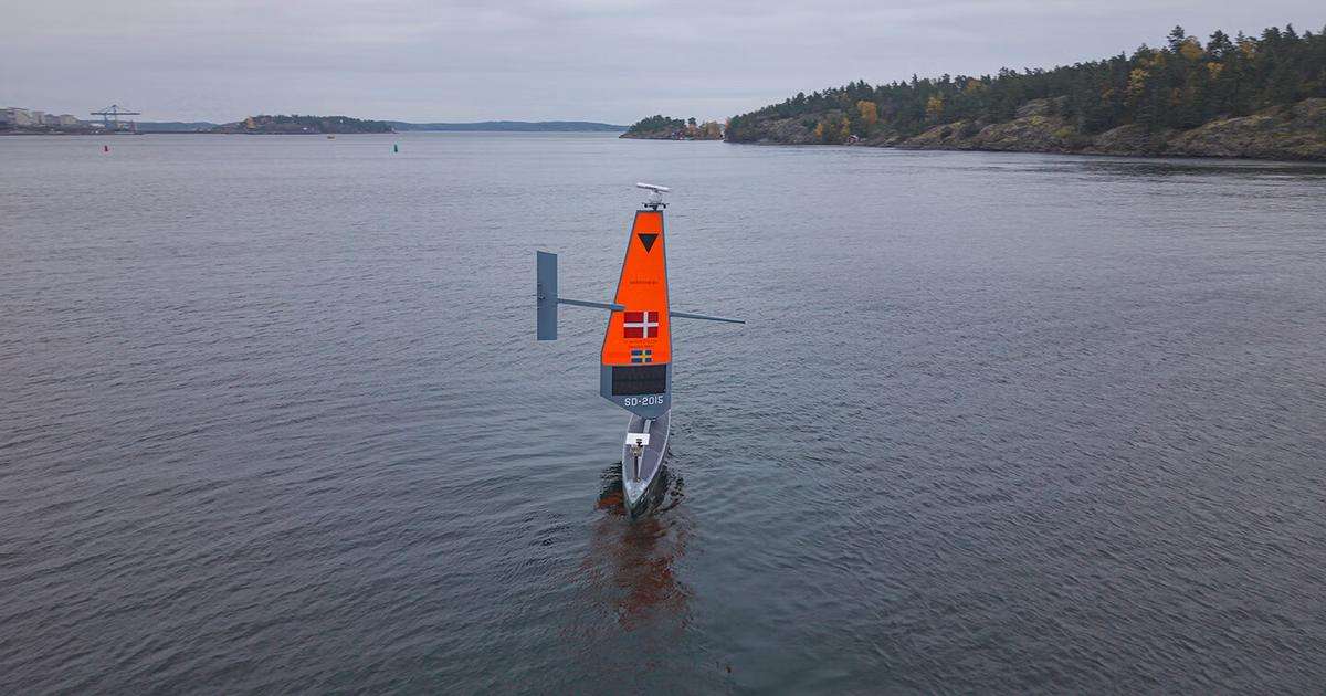 A Saildrone Voyager USV departs Nynäshamn, Sweden, for the Baltic Sea. (Credit: Saildrone)