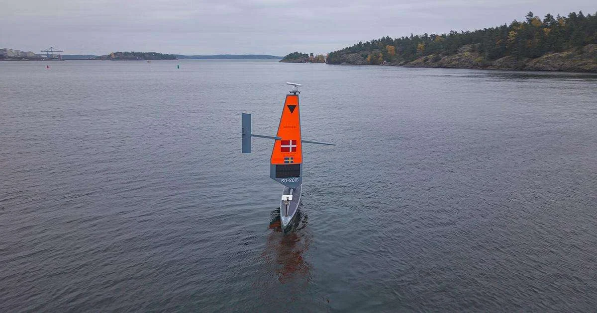 A Saildrone Voyager USV departs Nynäshamn, Sweden, for the Baltic Sea. (Credit: Saildrone)