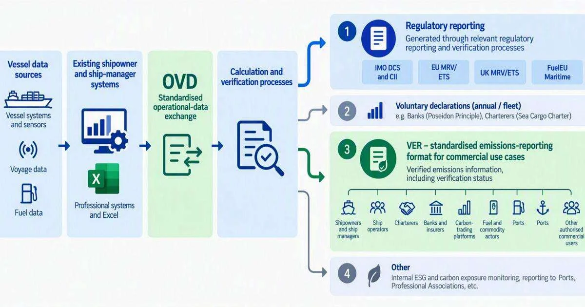 Illustration of the exchange of operational and emissions data across the maritime industry. (Credit: JIWG)