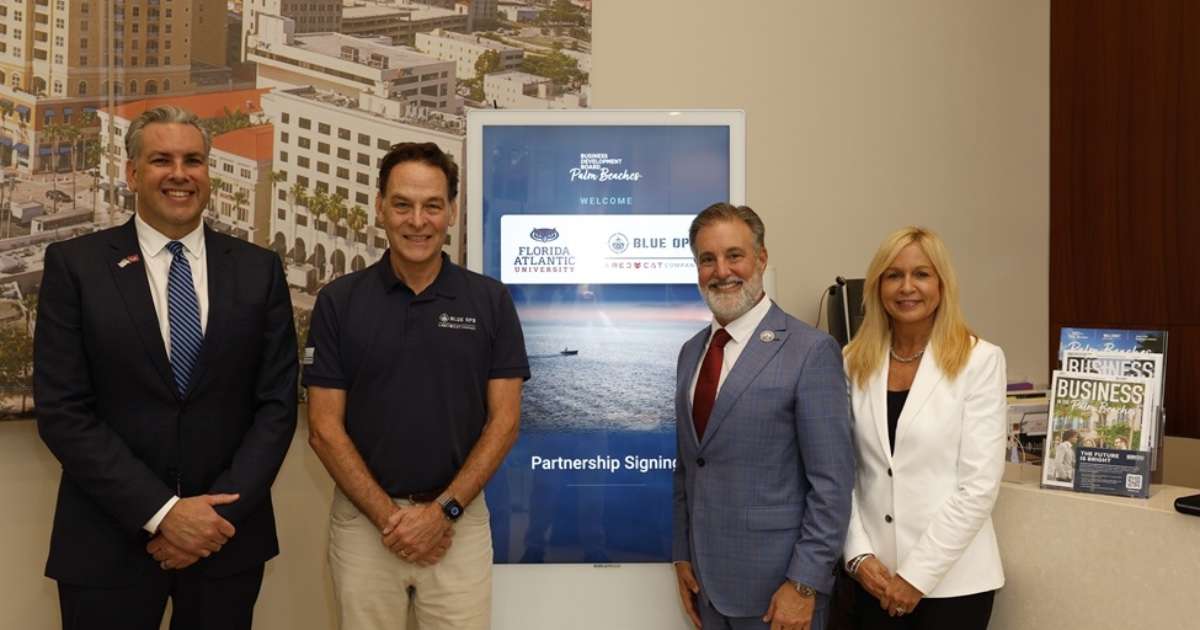 From left, Ryan Britton, FAU vice president for government relations and economic development; Barry Hinckley; President, Blue Ops; FAU President Adam Hasner; and Kelly Smallridge, President and CEO, Business Development Board of Palm Beach County. (Credit: Alex Dolce)