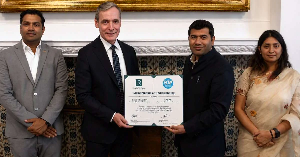 Left to right: Ankit Kumar, Plant Director, SDEL; David Lloyd, Vice President, Naval and Government Business, Lloyd’s Register; Mridul Babbar, Director, SDEL; and Sanyukta Singh, Chief Human Resources Officer, SDEL. (Image credit: LR)