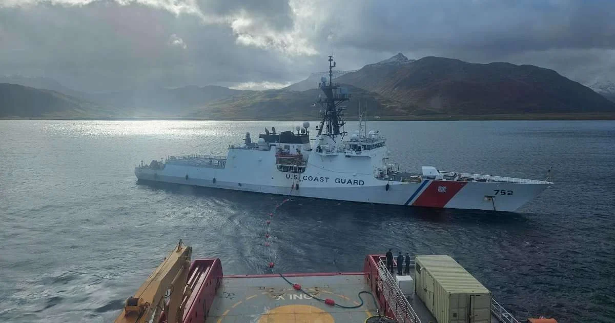USCGC Stratton (WMSL 752) conducts a simulated fueling-at-anchor evolution with USCGC Storis (WAGB 21) in Broad Bay, Alaska, Oct. 6, 2026. The training evolution demonstrated Storis’s ability to refuel other Coast Guard cutters while at anchor, enhancing operational flexibility and endurance for Coast Guard assets operating in remote Alaskan waters. (Image credit: Ensign Maddox Holmes-Selby, USCG)