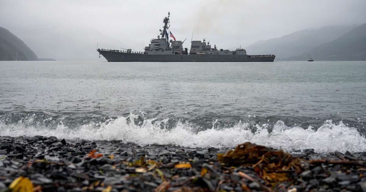 The Navy’s newest Flight III Arleigh Burke-class guided-missile destroyer USS Ted Stevens (DDG 128) arrives in Whittier, Alaska on Sept. 27, 2026. (US Navy/Senior Airman Raina Dale)