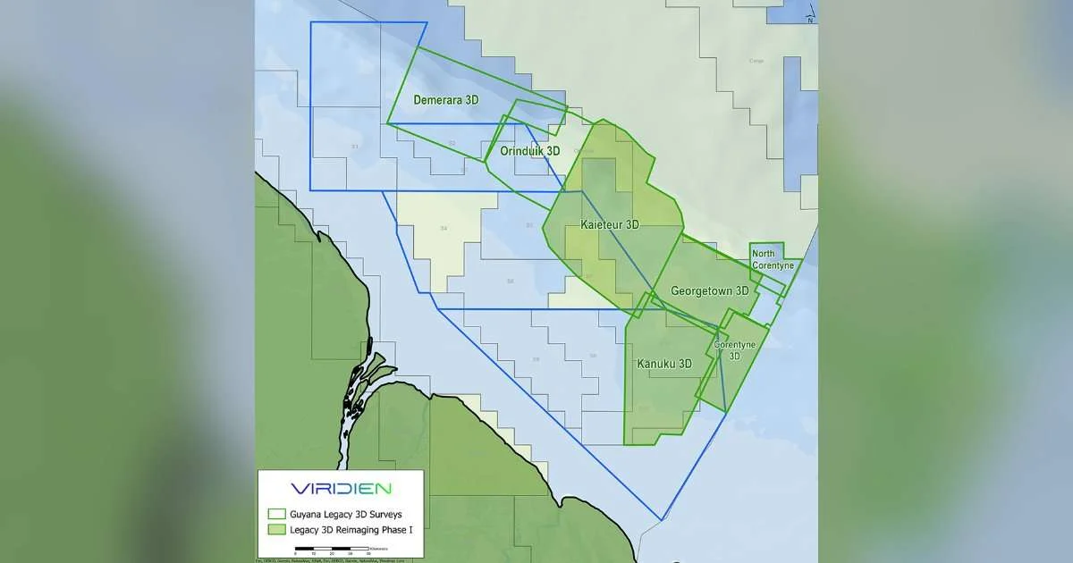 Map showing the location of Guyana Legacy 3D Reimaging project. (Image credit: Viridien Earth Data)